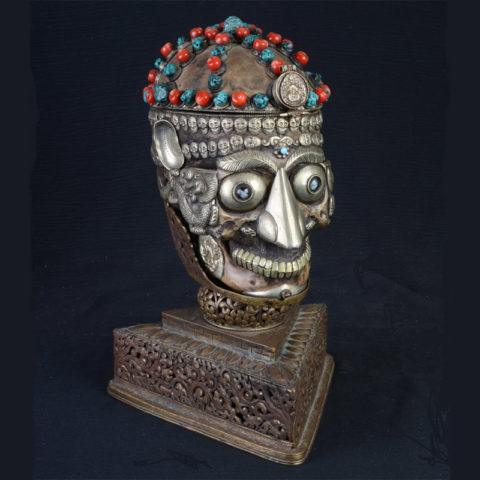 TS101D | Tantric Human Full Skull Kapala with Repousse Stand - 00