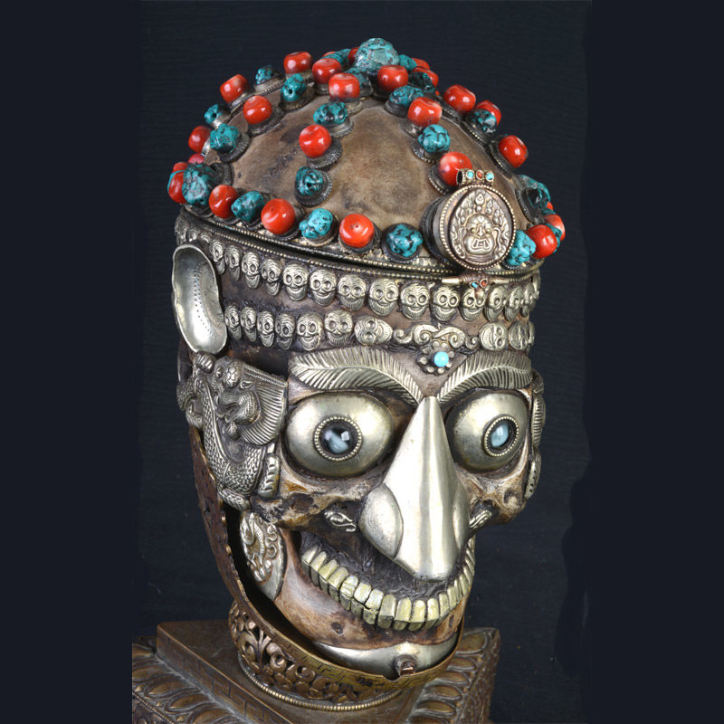 TS101D | Tantric Human Full Skull Kapala with Repousse Stand – 01