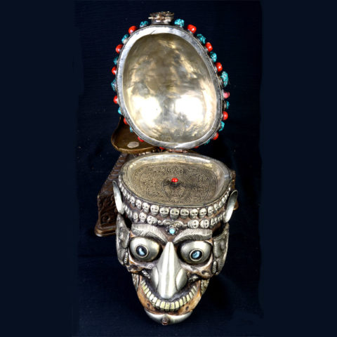 TS101D | Tantric Human Full Skull Kapala with Repousse Stand - 02 | TS101D | Tantric Human Full Skull Kapala with Repousse Stand - 02