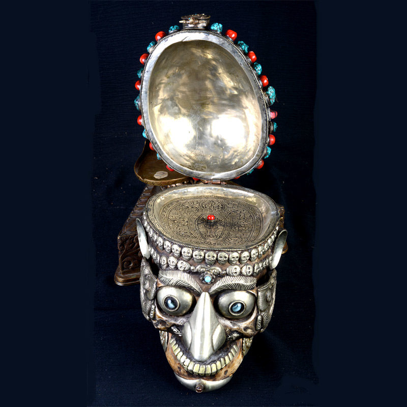 TS101D | Tantric Human Full Skull Kapala with Repousse Stand – 02
