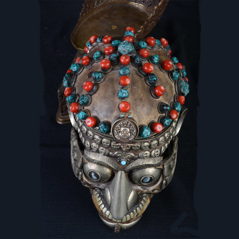 TS101D | Tantric Human Full Skull Kapala with Repousse Stand – 03