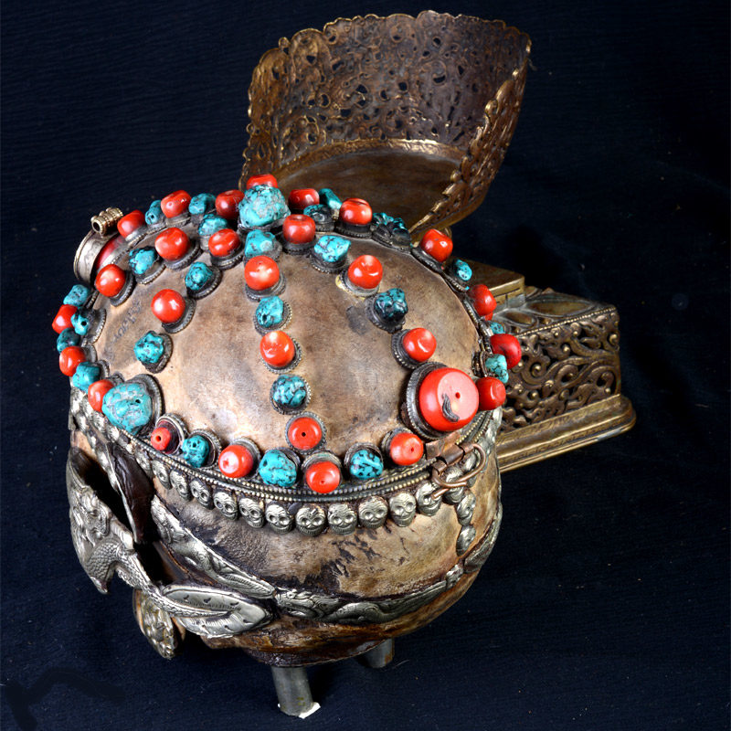 TS101D | Tantric Human Full Skull Kapala with Repousse Stand – 04
