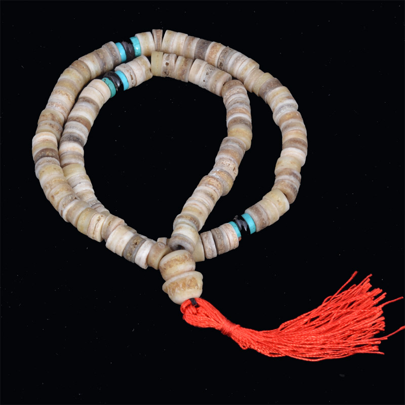 Buffalo Skull Bone Buddhist Mala w Turquoise and Coral Inlaid  Amber Resin Counting Beads  Bone Spacer  Red White Amber  Inlay
