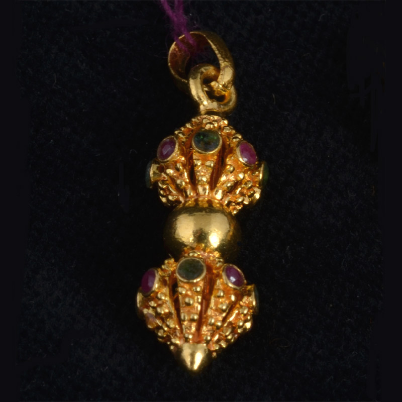 TTG25 | Solid Gold Vajra with Emeralds & Rubies | TTG25 | Solid Gold Vajra Bell Pendant with Emeralds & Rubies
