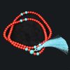 Contemporary Red Coral Mala with Turquoise w/Blue Tassel Tail 108 Beads