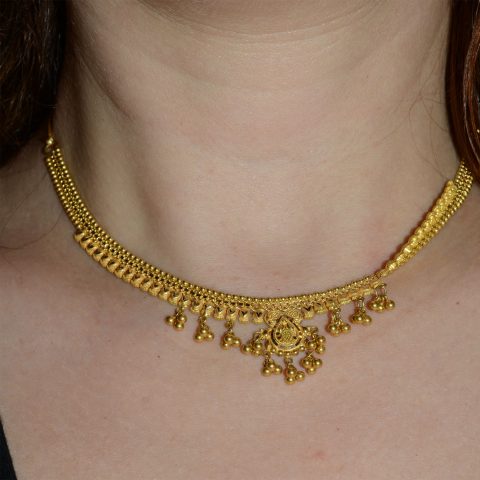 IG103 | Indian Granulated Gold Necklace with Dangles - 02 | IG103 | Indian Granulated Gold Necklace with Dangles - 02