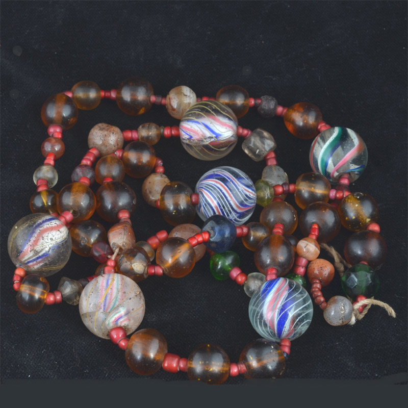 Lovely Strand of Marble Beads with White Hearts, Agates & Chinese Glass