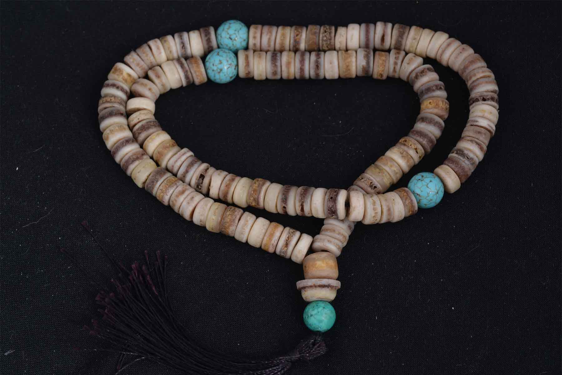 Mala Beads, Human Skull Bone with Turquoise Cardinal beads