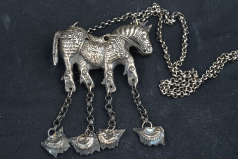 Ethnic Chinese Silver Horse Double Sided Pendant w/Chain