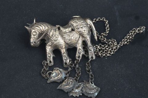 Ethnic Chinese Silver Horse Double Sided Pendant w/Chain