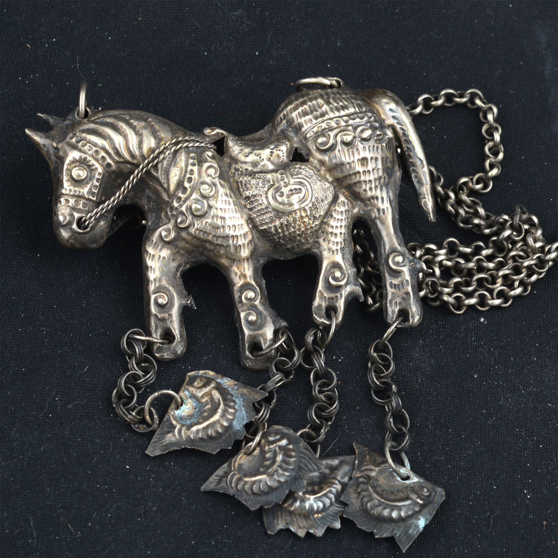 Ethnic Chinese Silver Horse Double Sided Pendant w/Chain