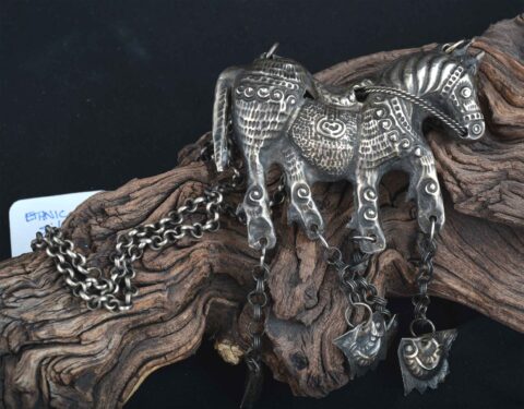 Ethnic Chinese Silver Horse Double Sided Pendant w/Chain
