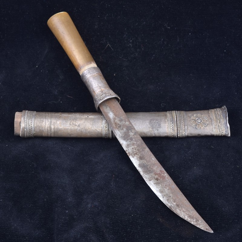 AA1051 | Hill Tribe Knife with Silver Clad Sheath and Antler Handle - 00