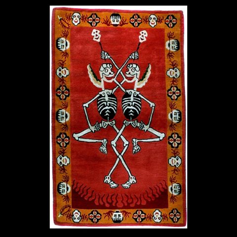 CM001 | Tibetan Tantric Carpet, Citipati on Deep Orange-Red Background