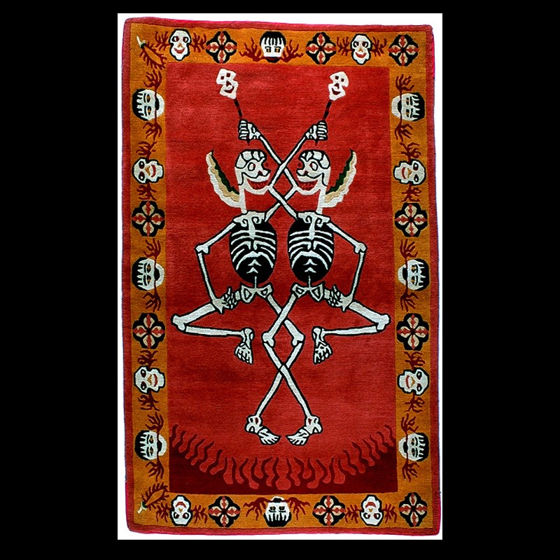 CM001 | Tibetan Tantric Carpet, Citipati on Deep Orange-Red Background | CM001 | Tibetan Tantric Carpet, Citipati on Deep Orange-Red Background