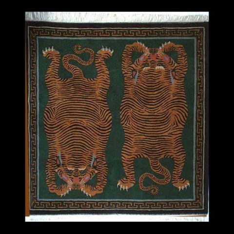 CT115G | 	Green Yin-Yang Tigers Carpet with Key Border | CT115G | Green Yin-Yang Tigers Carpet with Key Border