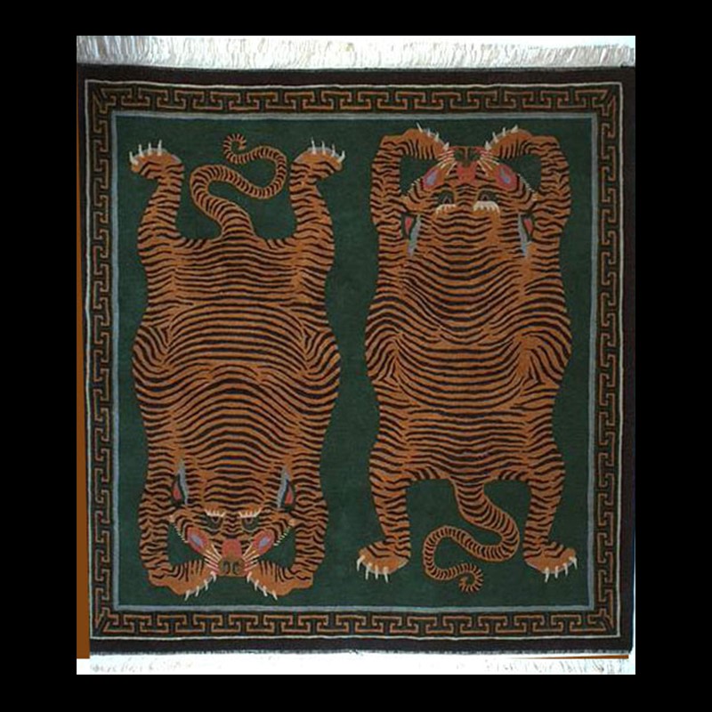 CT115G | 	Green Yin-Yang Tigers Carpet with Key Border | CT115G | Green Yin-Yang Tigers Carpet with Key Border