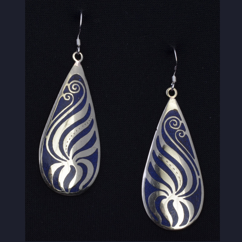 EAR3040 | Swirly Leaf Design Earring with Lapis Inlay | EAR3040 | Swirly Leaf Design Earring with Lapis Inlay