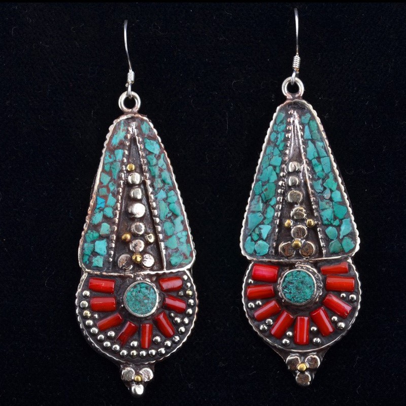EAR3006 | Turquoise and Coral Inlaid Fashion Earrings | EAR3006 | Turquoise and Coral Inlaid Fashion Earrings