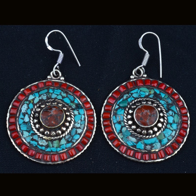 EAR3024 | Turquoise and Coral Inlaid Fashion Earrings | EAR3024 | Turquoise and Coral Inlaid Fashion Earrings