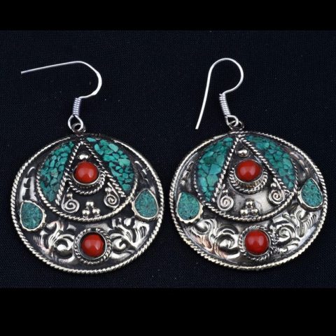 EAR3025 | Turquoise and Coral Inlaid Earrings with Sterling Ear Wires.