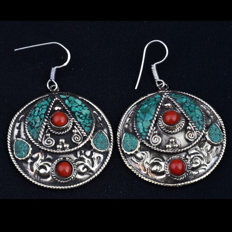 EAR3025 | Turquoise and Coral Inlaid Earrings with Sterling Ear Wires. | EAR3025 | Turquoise and Coral Inlaid Earrings with Sterling Ear Wires.