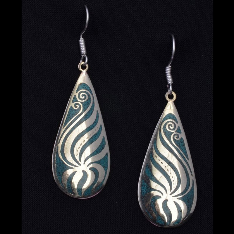 EAR3028 | Leaf Design Silver Plated Earring with Turquoise Inlay | EAR3028 | Leaf Design Silver Plated Earring with Turquoise Inlay