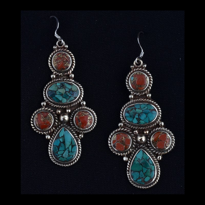 EAR3035 | Turquoise and Coral Mosaic Inlay Earrings | EAR3035 | Turquoise and Coral Mosaic Inlay Earrings