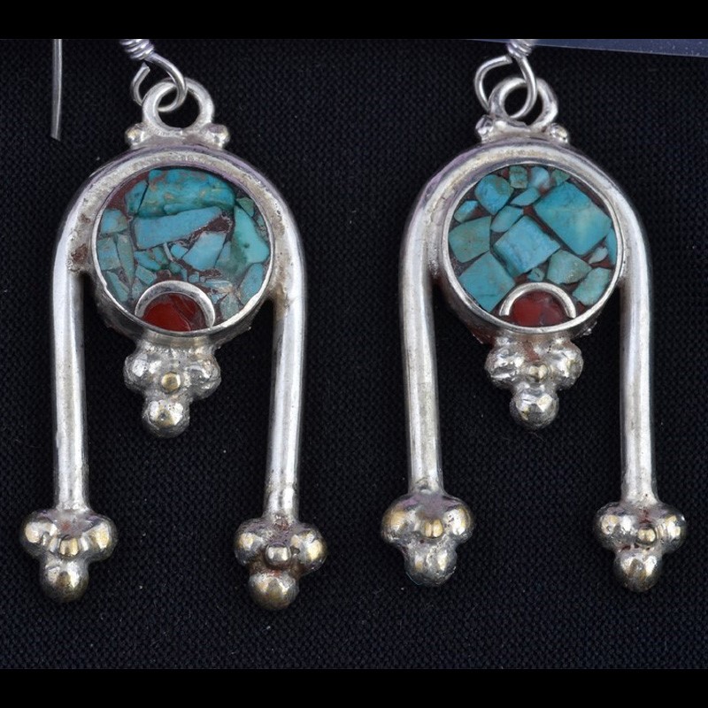 EAR3038 | Turquoise and Coral Inlaid Earrings | EAR3038 | Turquoise and Coral Inlaid Earrings