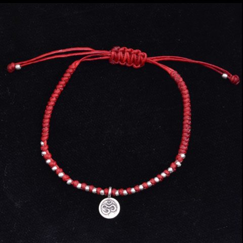 JN3012 | Woven Red Linen Bracelet with Hill Tribe OM Charms - 00