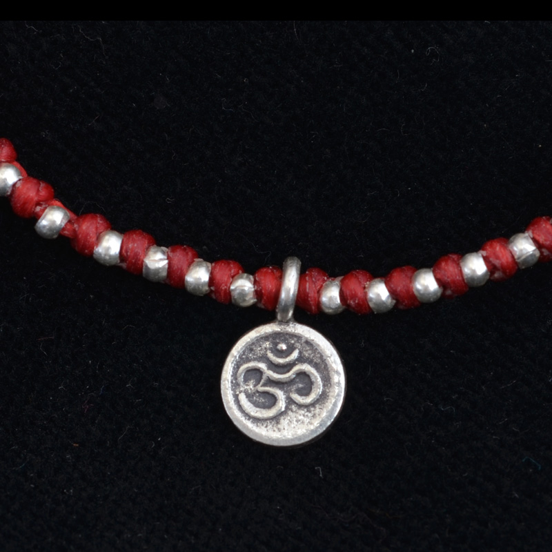 JN3012 | Woven Red Linen Bracelet with Hill Tribe OM Charms - 01 | JN3012 | Woven Red Linen Bracelet with Hill Tribe OM Charms - 01