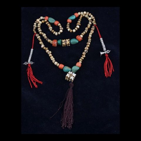 ML1046 | Antique Human Bone Bead Mala with Antique Tibetan Coral and Turquoise - 00