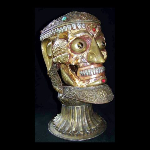 TS101B | Tantric Human Full Skull Kapala with Brass Covering - 00