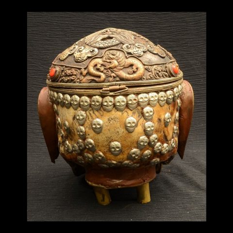 TS101B | Tantric Human Full Skull Kapala with Brass Covering - 10
