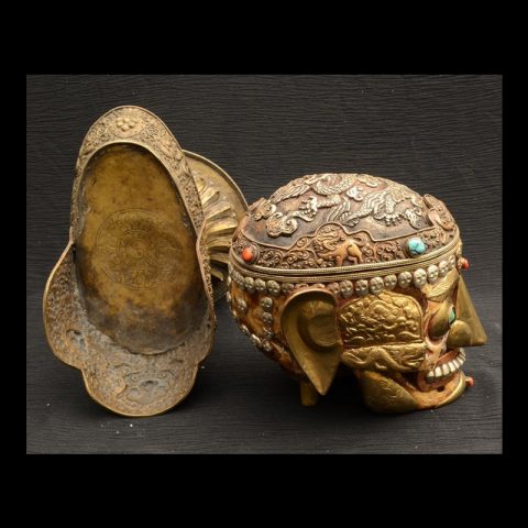 TS101B | Tantric Human Full Skull Kapala with Brass Covering - 03