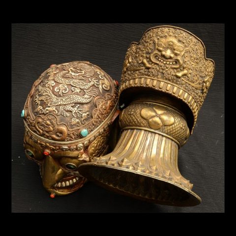 TS101B | Tantric Human Full Skull Kapala with Brass Covering - 07