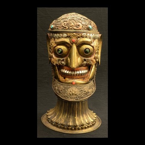 TS101B | Tantric Human Full Skull Kapala with Brass Covering - 09