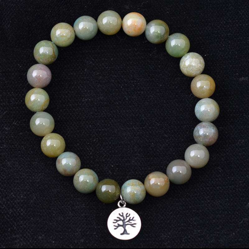 YJ104 | Green Agate and Tree of Life Charm Stretch Bracelet - 00