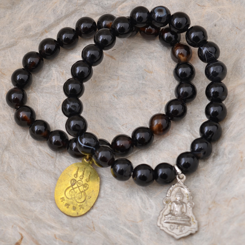 YJ110 | Black Agate Stretch Bracelet with Buddha Amulet Charm - 00 | YJ110 | Black Agate Stretch Bracelet with Buddha Amulet Charm - 00