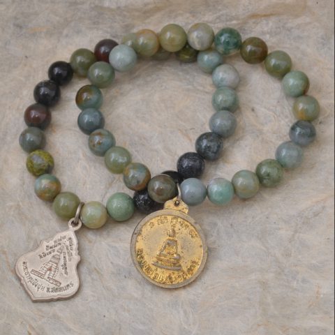 YJ114 | Green Agate Stretch Bracelet with Buddha Amulet Charm - 00